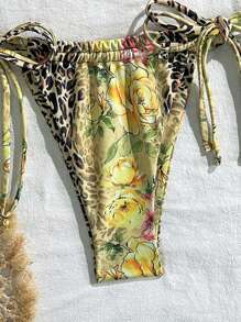 SHEIN Swim 女士豹纹花卉印花性感系带比基尼套装，高弹力假日休闲沙滩派对日光浴泳装，夏季 - 彩色 - 查看 3