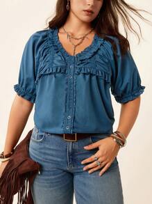 SHEIN LUNE Plus Size Women Slouchy Casual Style Summer Fourth Of July Women Cozy Fit Sweet Blouse Holiday Teacher Boho Graduation Blouse Beach Vacation - Blue - View 5
