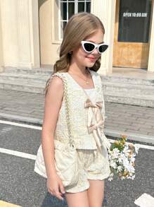 青少年女孩优雅提花蝴蝶结蕾丝无袖开衫和短裤两件套 - 杏色 - 查看 3