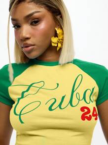 SUMWON WOMEN Áo crop top tay ngắn có logo phong cách cổ điển của trường đại học Áo thun bó cho bé mặc dạo phố thường ngày mùa hè Raglan phong cách bóng chày - Màu vàng - Xem 7