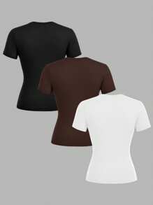 SHEIN EZwear 3pcs Women Casual Tight-Fitted Long Sleeve Round Neck T-Shirt Set, Suitable For Summer - Multicolor - View 2