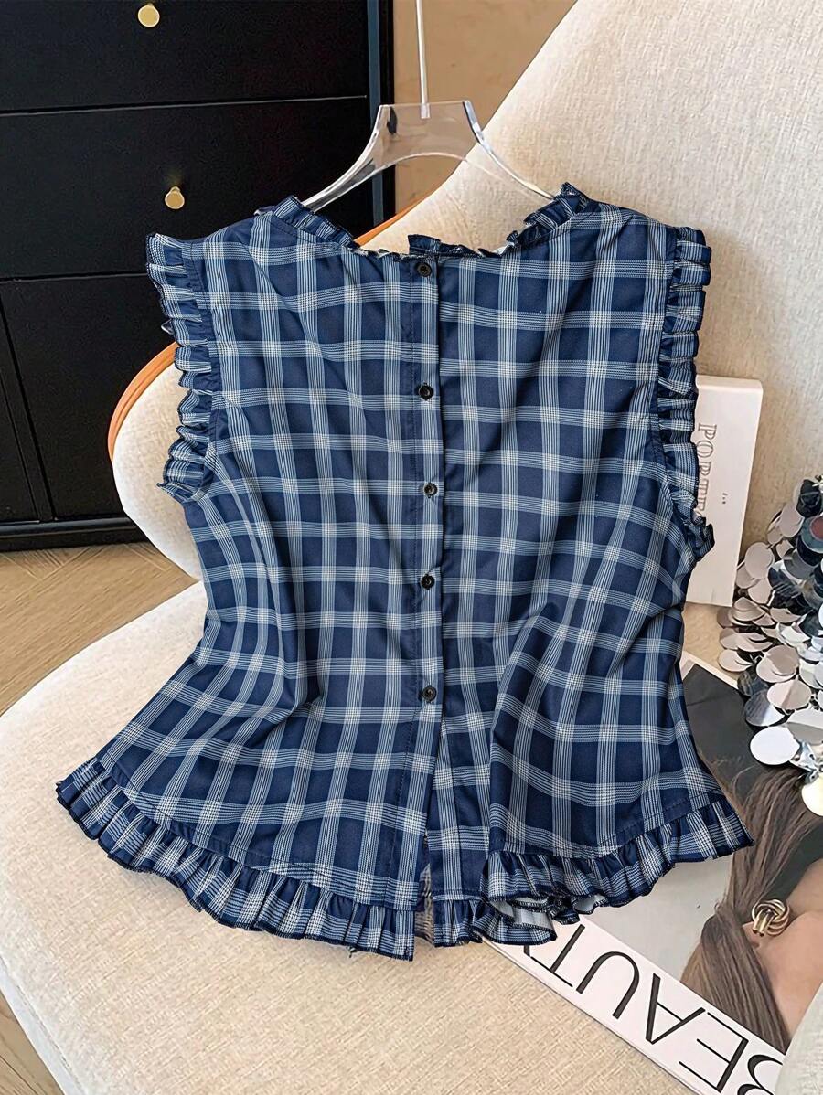 GlowEve CURVE Áo ba lỗ không tay kẻ caro trang trí nút bèo nhún cỡ lớn cho nữ - Nhiều màu - Xem 1