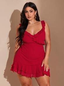 SHEIN BAE Plus Size Women's Romantic Sexy V-Neck Flounce Hem Mini Dress, Sweet Casual Everyday Wear, Beach Holiday Party Short Dress, Spring/Summer,Graduation Dress,Beach Outfits For Woman,4th Of July Outfits,Fourth Of July Outfit,Island Vacation Outfits,Honeymoon Outfits Woman,Summer Outfits For Women,Pool Party Outfit,Vacation Outfits Woman,Plus Size Women Clothes,Concert,Elegant Dress,Birthday Dresses For Women,Sun Dresses For Women