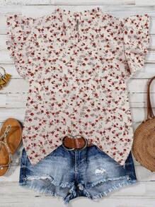 SHEIN Clasi 女士优雅休闲杏色玫瑰印花领双层荷叶边袖短袖衬衫，春夏