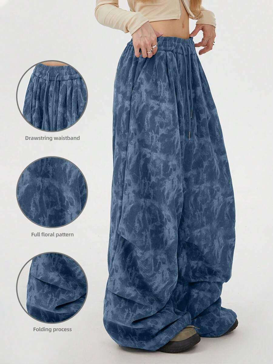 SHEIN EZwear Quần nhung kẻ cotton in kỹ thuật số rộng rãi cho nữ - Màu xanh bụi bặm - Xem 1