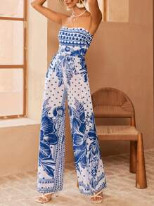 Swim Oasis Women's Bohemian Vacation High Waist Wide Leg One Piece Swimsuit, Strapless Beach Chiffon Cover Up, Beige/Black For Summer - Multicolor - View 8