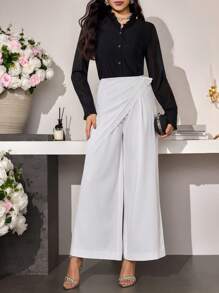 Modelyn Women's Solid Color Patchwork Embroidery Wide Leg Elegant Pants - White - View 6