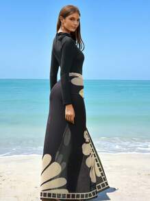 Swim Shayni 3-Piece Summer Women Set: Solid Color Round Neck Long Sleeve Zipper One-Piece Swimsuit, Fitted Long Pants, And Beach Skirt. Conservative Beachwear For Vacation