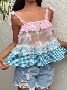 SHEIN Unity Pink Plaid Lace Panel Knotted Cami Top - Multicolor - View 6