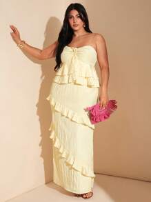 SHEIN BAE Große Größen Damen Sommer gelb super lang Bodycon strukturiertes Rüschen Saum trägerloses Maxikleid, Urlaub - Gelb - Übersicht 4