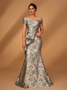 Serin فستان سوارية أنيق فاخر من التصميم المخطط الجاكار ساتان مع تصميم عقدة الكتف المنسدل و تفريغ الذيل للحفلات ، مناسب للأعراس والسهرات الرسمية و فساتين العروس/أم العروس - متعدد الألوان - مشاهدة 2