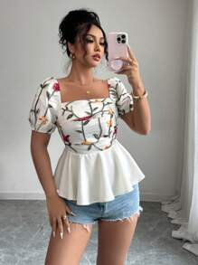 Elenzga Ruffle Trim Fashionable Square Neck Backless Short Sleeve Blouse - Apricot - View 6