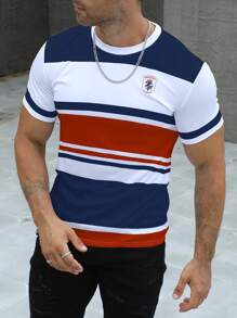 Manfinity Dauomo Men's Round Neck Short Sleeve Striped Simple Casual T-Shirt - Multicolor - View 3