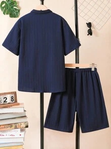 Conjunto de 2 piezas para adolescente: Camisa de botones de manga corta de unicolor y shorts - Azul Marino - Ver 2