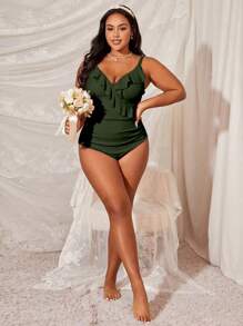 Swim Lushoire 1 pieza Traje de baño de una pieza con volantes para mujer talla grande, ideal para vacaciones en la playa