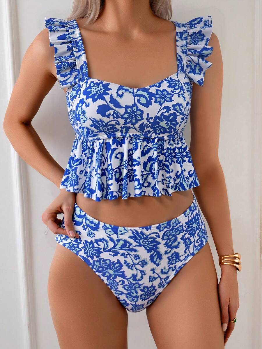 Swim Vcay Women's Beach Holiday Floral Print Ruffled Strap Backless Camisole Crop Top Bikini For Summer Beach Vacation - Blue - View 1