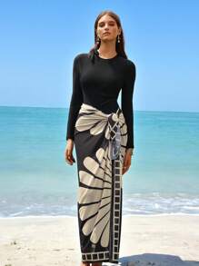 Swim Shayni 3-Piece Summer Women Set: Solid Color Round Neck Long Sleeve Zipper One-Piece Swimsuit, Fitted Long Pants, And Beach Skirt. Conservative Beachwear For Vacation