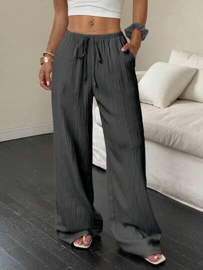 Flirla Women's Textured Fabric Low Waist Wide Leg Pants With Drawstring And Pockets, Casual Trousers Fall Cloth For Women