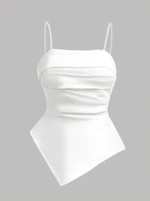 Girlism 少女 2 件套：不对称下摆短款上衣和 A 字形白色褶皱迷你裙、优雅合身吊带背心和分层荷叶边裙套装，适合派对、通勤、婚礼、生日、舞会和伴娘 - 白色 - 查看 6