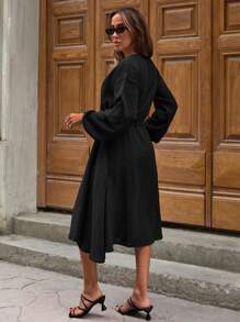 EURMUSE WOMAN BLACK ELEGANT MUSLIN LONG DRESS - Black - View 2