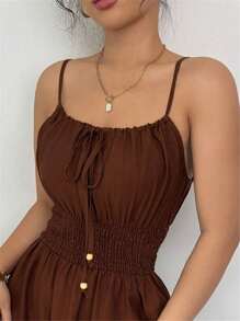 Elenzga Mono informal de lino de color café cómodo para mujer con lazo decorativo y cintura con cordón, para primavera/verano