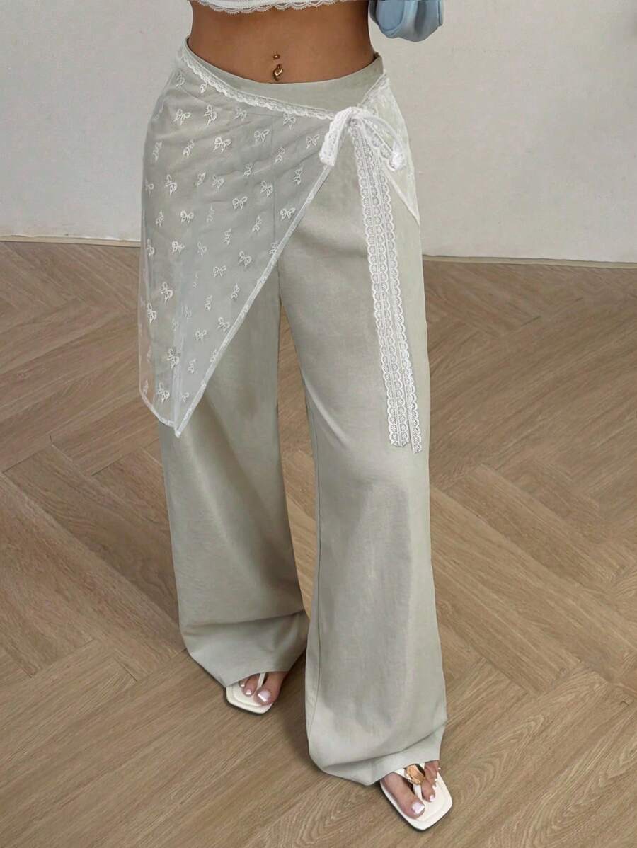 Flirla Women's Casual Daily Contrast Lace Loose Pants Fall Cloth For Women - Green - View 1