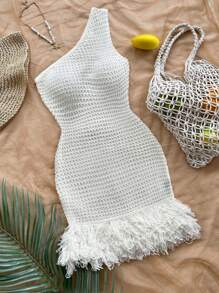 Soleia New Style Vacation Knitted Textured Tassel Design Mini Dress - White - View 1