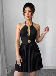 Elenzga Elegant Sleeveless Backless Pleated Hollow Gold Party Dress - Black - View 6