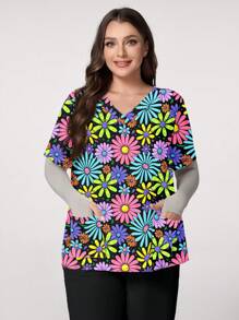 Plus Size Uniform Scrub Top, Short Sleeve, Fashion Design Suitable For Summer,Women's Plus Size Fashion Casual Simple Comfortable Printed Tops (Pumpkin Print, Donut Print, Snowman Print, Plant Print, Animal Print, Flower, Zebra Print) V Neck Short Sleeve Pocket Casual Shirt Elastic Double Pocket V Neck Tops, Women's V Neck Cleaning Tops, Women's Short Sleeve V Neck Nurse Uniform With 2 Pockets, Soft And Elastic Printed Cleaning Tops. - Multicolor - View 1
