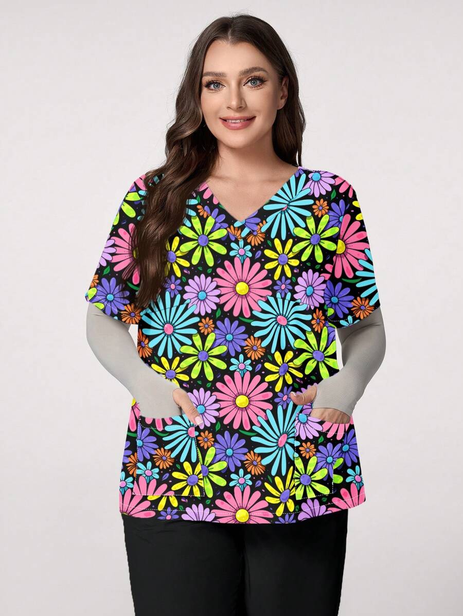 Plus Size Uniform Scrub Top, Short Sleeve, Fashion Design Suitable For Summer,Women's Plus Size Fashion Casual Simple Comfortable Printed Tops (Pumpkin Print, Donut Print, Snowman Print, Plant Print, Animal Print, Flower, Zebra Print) V Neck Short Sleeve Pocket Casual Shirt Elastic Double Pocket V Neck Tops, Women's V Neck Cleaning Tops, Women's Short Sleeve V Neck Nurse Uniform With 2 Pockets, Soft And Elastic Printed Cleaning Tops. - Multicolor - View 1