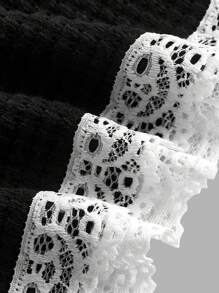 SHEIN MOD Boho Festival Holiday Casual Beach Versatile, Textured Knit Elastic Waist 2 Pieces Set With White Embroidered Lace Hem Maxi Skirt, Plus Size - Black and White - View 4