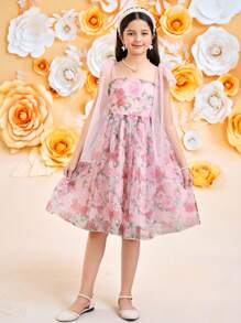 Vestido elegante con estampado floral y decoración de lazo para niñas preadolescentes