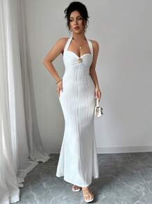 Elenzga Women's Elegant Texture Solid Color Tied Neck Fitted Maxi Fishtail Dress - White - View 5