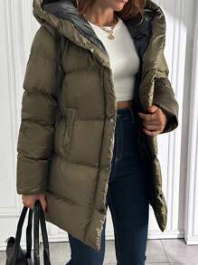 SHEIN Cottnline Women Contrast Drawstring And Lining Detailed Puffer Hooded Wintercoat - Army Green - View 7