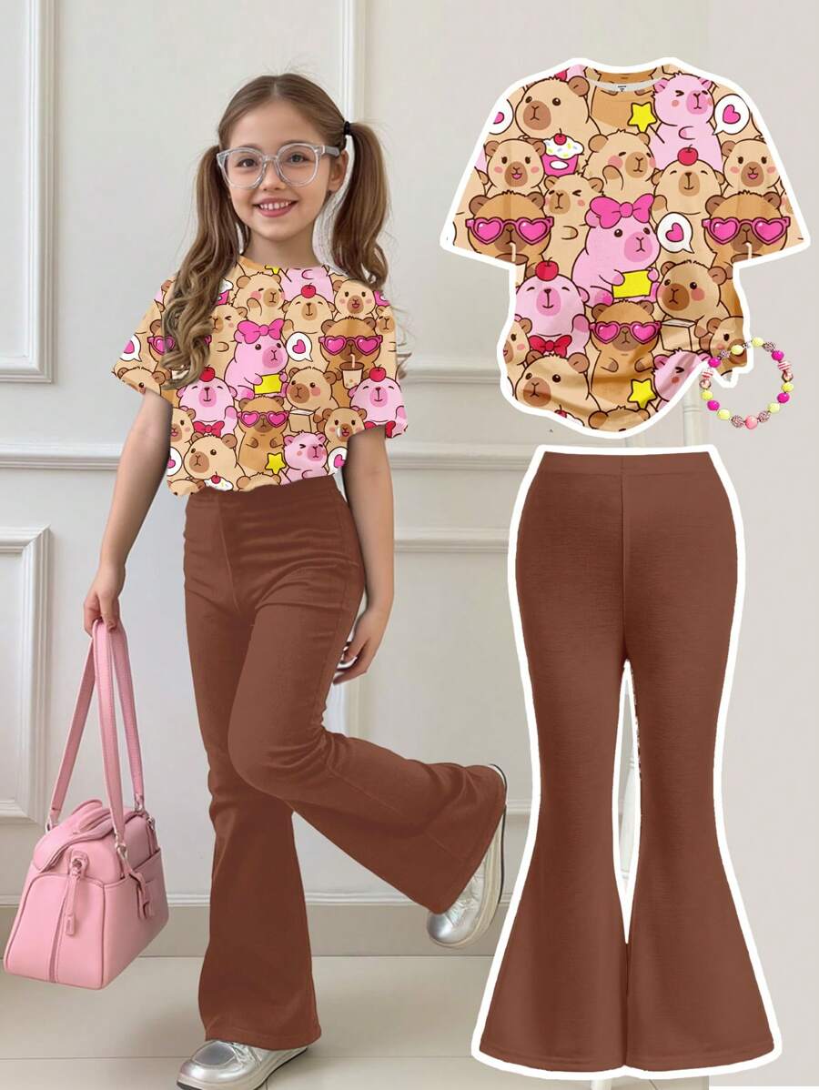 SHEIN Leap Crew Lulicore Drăguț Capybara Inimă Model Tween Fete Casual Minimalist Mânecă Scurtă Gât Rotund T-Shirt și Pantaloni Flare 2 buc Set pentru vară - Multicolor - Vizualizare 1