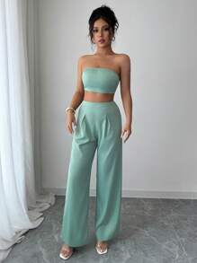 SHEIN Clasi Bộ đồ 2 món gợi cảm cổ tròn dài tay hở vai màu quýt cho nữ - màu xanh lá - Xem 7