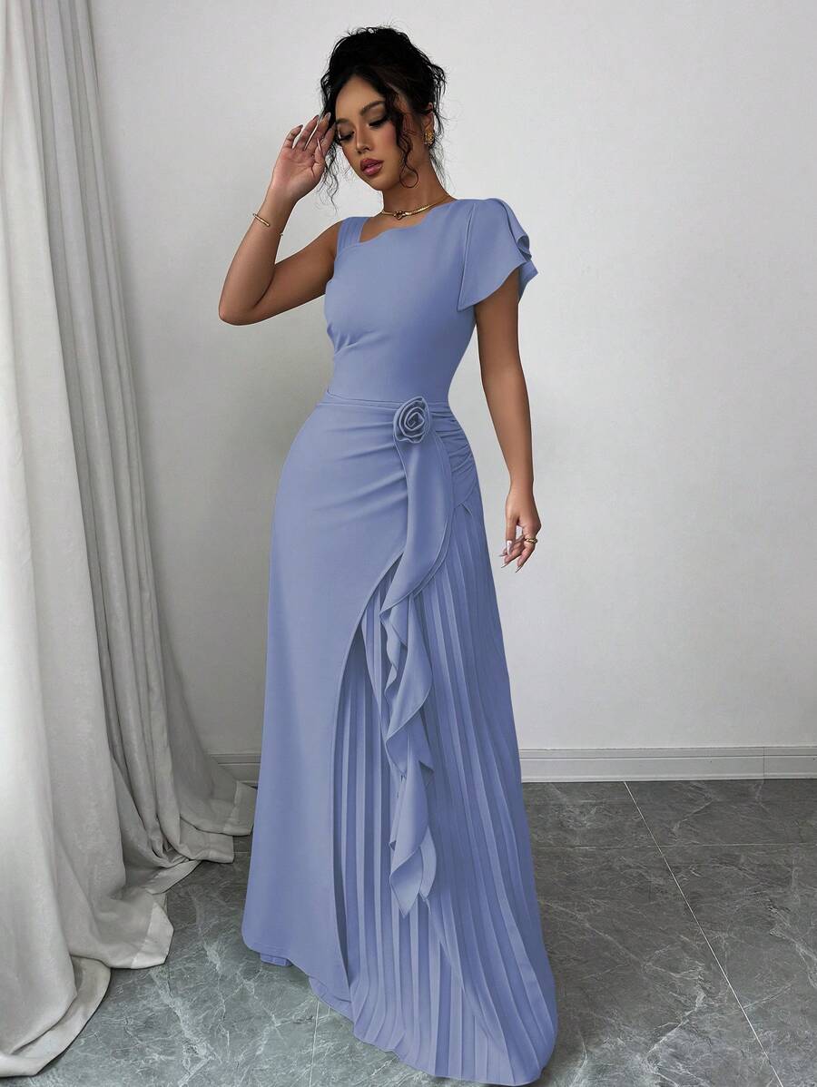 Elenzga 女士不对称肩部荷叶边泡泡袖系腰A字形花卉优雅浪漫连衣裙