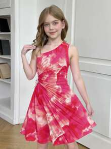 SHEIN 少女优雅度假扎染印花不对称褶饰无袖连衣裙 - 玫紅色 - 查看 12