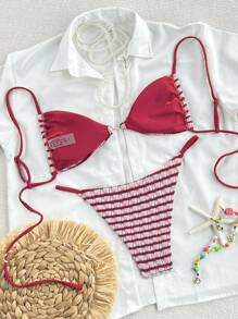 Swim Vcay Women's New Thin Strap Red & White Textured Pearl Button Linked Side Sexy High-Cut Bandeau Bikini Swimsuit For Summer Beach Vacation