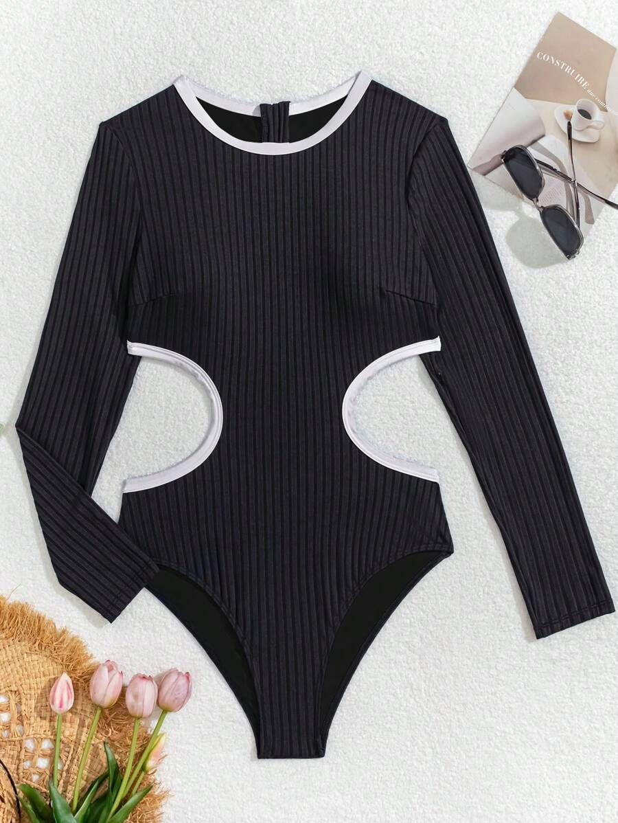SHEIN Swim Striped Special Fabric Color Block Zip Up Long Sleeve One Piece Swimwear, Round Neck Hollow Out, Summer Sports Surfing Cruise Beach Vacation Swimwear For Women - Black and White - View 1