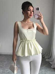 Elenzga 纯色优雅荷叶边拼接方领修身荷叶边背心，夏季，荷叶边上衣