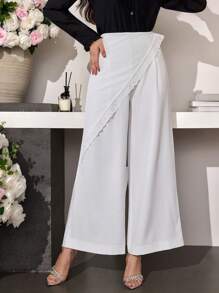 Modelyn Women's Solid Color Patchwork Embroidery Wide Leg Elegant Pants - White - View 4