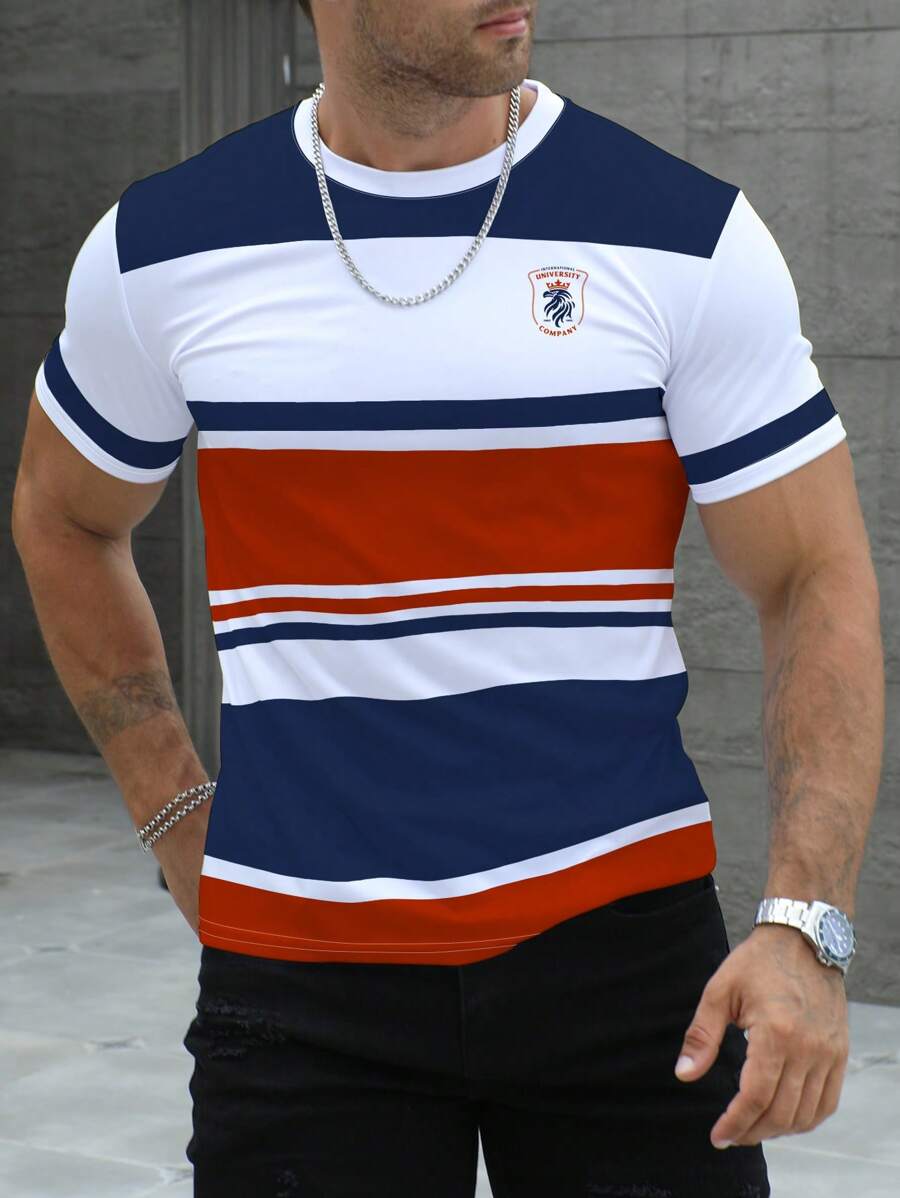Manfinity Dauomo Men's Round Neck Short Sleeve Striped Simple Casual T-Shirt - Multicolor - View 1