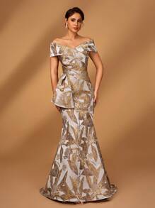 Serin 优雅奢华露肩提花缎面露肩鱼尾裙，适合婚礼、活动、单身派对、节日、舞会、晚会、新娘母亲 - 香檳色 - 查看 1