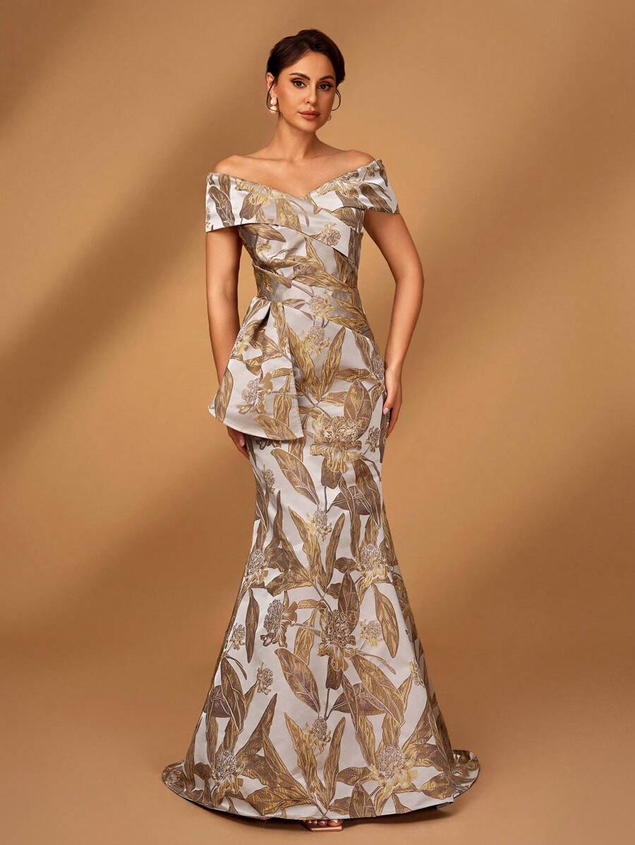 Serin 优雅奢华露肩提花缎面露肩鱼尾裙，适合婚礼、活动、单身派对、节日、舞会、晚会、新娘母亲 - 香檳色 - 查看 1