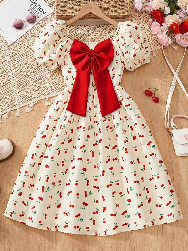 Vestido casual de verano para niñas con manga globo, estampado de cerezas y lazo en la espalda, adecuado para salidas y vacaciones en la playa