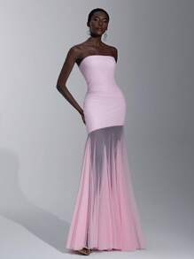 Elitara 优雅、浪漫、性感、简约的粉色网眼弹力露肩露背紧身连衣裙，时尚、名人风格，适合节日、度假、生日派对、婚礼、伴娘活动 - 粉色 - 查看 4