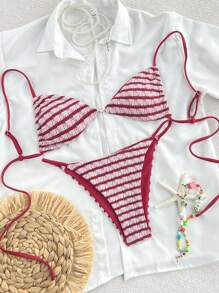 Swim Vcay Women's New Thin Strap Red & White Textured Pearl Button Linked Side Sexy High-Cut Bandeau Bikini Swimsuit For Summer Beach Vacation