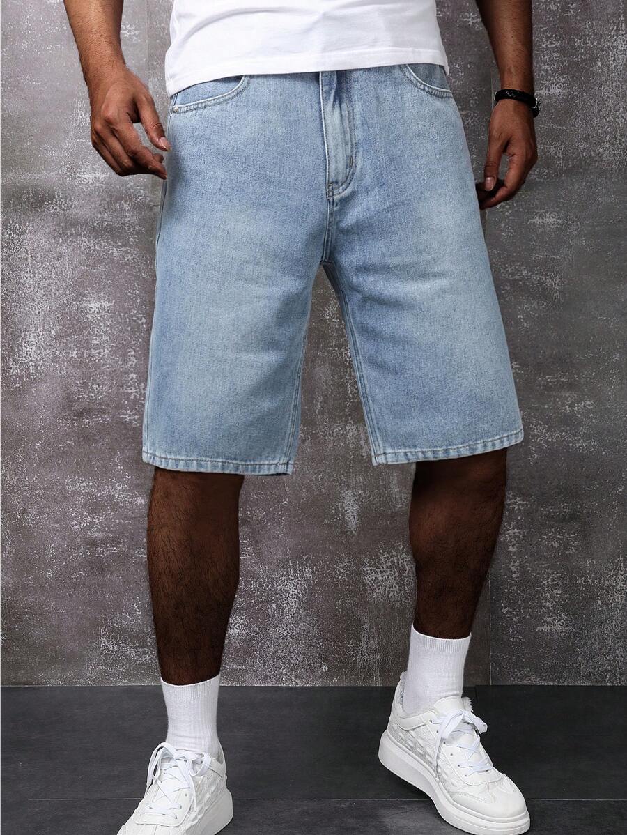 Manfinity Homme Men's Casual Solid Color Shorts, Fashionable For Summer Going Out Urban Hang Out Vacation College - Light Wash - View 1