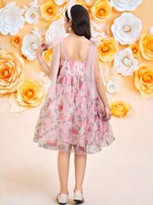 Vestido elegante con estampado floral y decoración de lazo para niñas preadolescentes